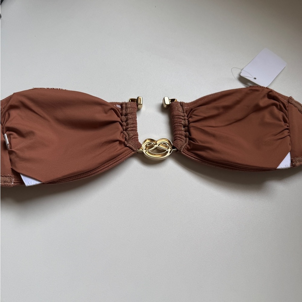 Zimmermann Ottie Lurex Knot Trim Bikini Top in Apricot - Picture 5 of 10